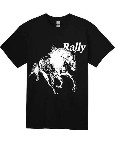 Black t-shirt with white graphic of a jumping horse and the word Rally printed on the front