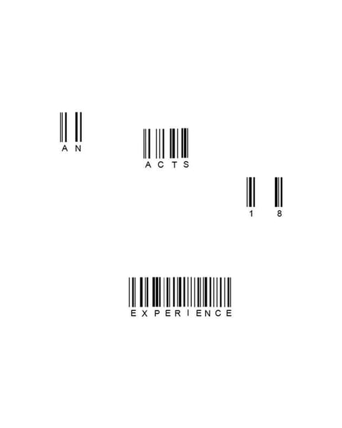 Barcode-style text design with words AN, ACTS, 1 8, and EXPERIENCE displayed as vertical lines