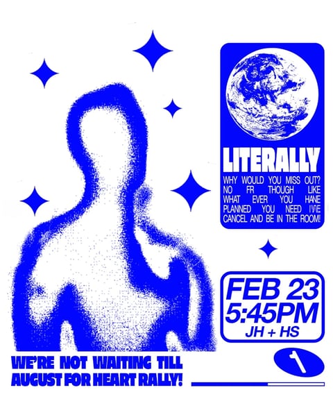 Blue and white poster featuring an abstract figure with stars and Earth globe, advertising a Heart Rally event on February 23 at 5:45 PM