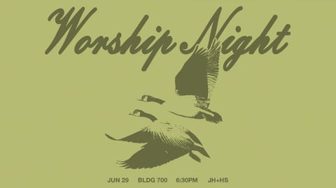 Worship Night event poster with stylized birds in flight and event details: June 29, Building 700, 6:30pm, JH+HS
