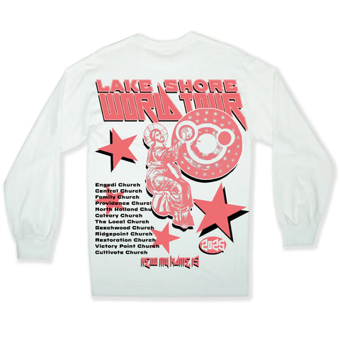 White long sleeve t-shirt with Lake Shore Drive Tour graphic design in pink, featuring decorative stars and a list of churches
