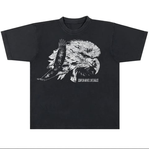 Black t-shirt with white graphic print of an eagle and text design on the front