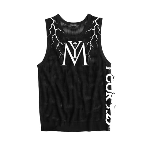 Black sleeveless tank top with large white M logo and lightning bolt graphics on chest