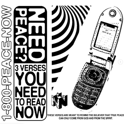 1-800-PEACE NOW flyer with bold text, concentric curves, and retro flip phone image advertising neo-peace verses