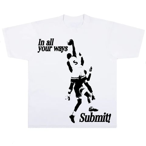 White t-shirt with black silhouette of a person doing a back handspring and text reading In all your ways and Submitif