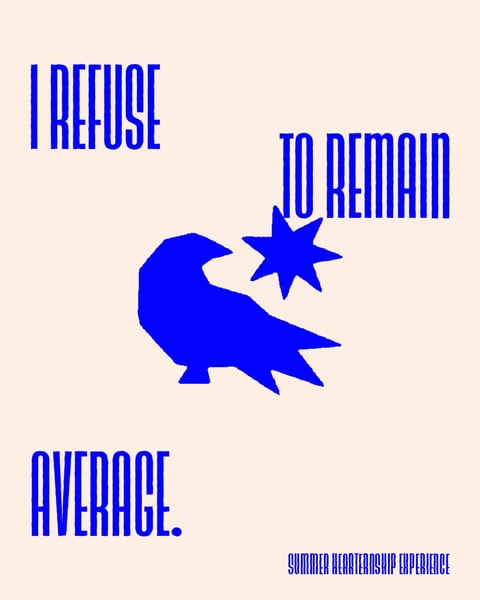 Blue silhouette of a dinosaur with a star, accompanied by text reading I REFUSE TO REMAIN AVERAGE on a beige background