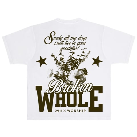 White t-shirt with brown graphic featuring wilted flowers, stars, and text reading Broken Whaul and 2911 x Worship