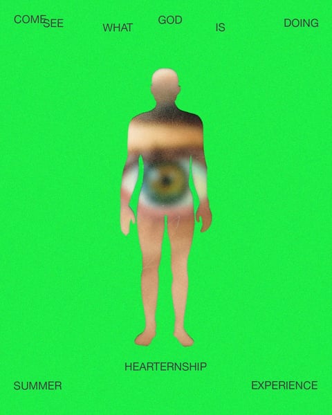Abstract human figure with glowing eyes and blurred torso on bright green background, surrounded by philosophical text phrases