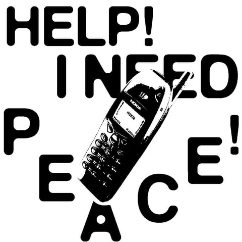Black and white graphic of a Nokia mobile phone surrounded by HELP! I NEED PEACE! text