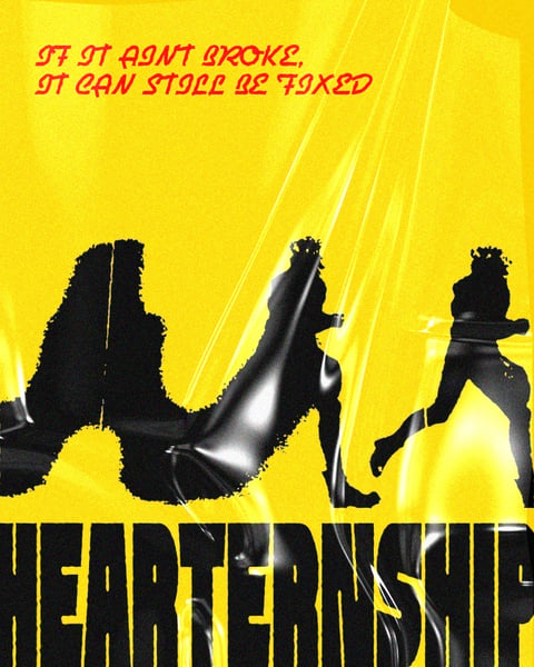 Silhouettes of three women in dynamic poses on bright yellow background with text reading Heartenship