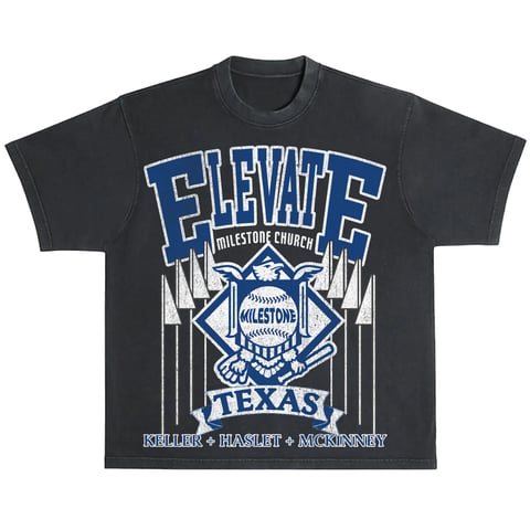 Black t-shirt with blue and white graphic design featuring ELEVATE text, baseball diamond logo, and TEXAS with names Estrada, Haslip, McKinnery