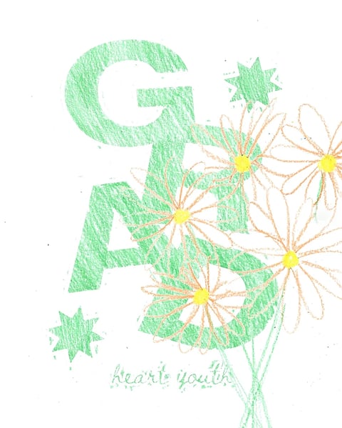 Handwritten illustration with green textured letters spelling GO, white daisies with yellow centers, small stars, and heart you script at bottom