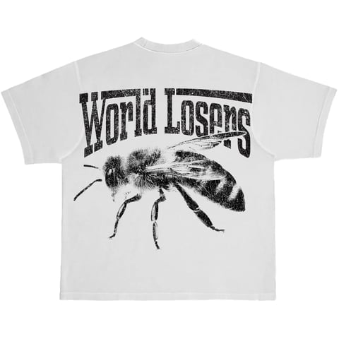 White t-shirt with World Losers text and detailed black bee graphic on the front